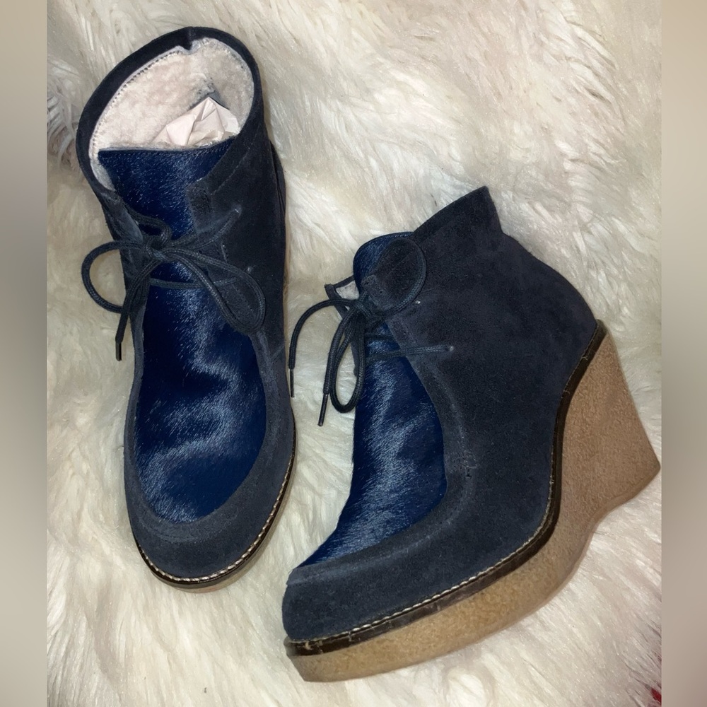 Suede Winter Wedge Booties Navy Faux Fur Lined